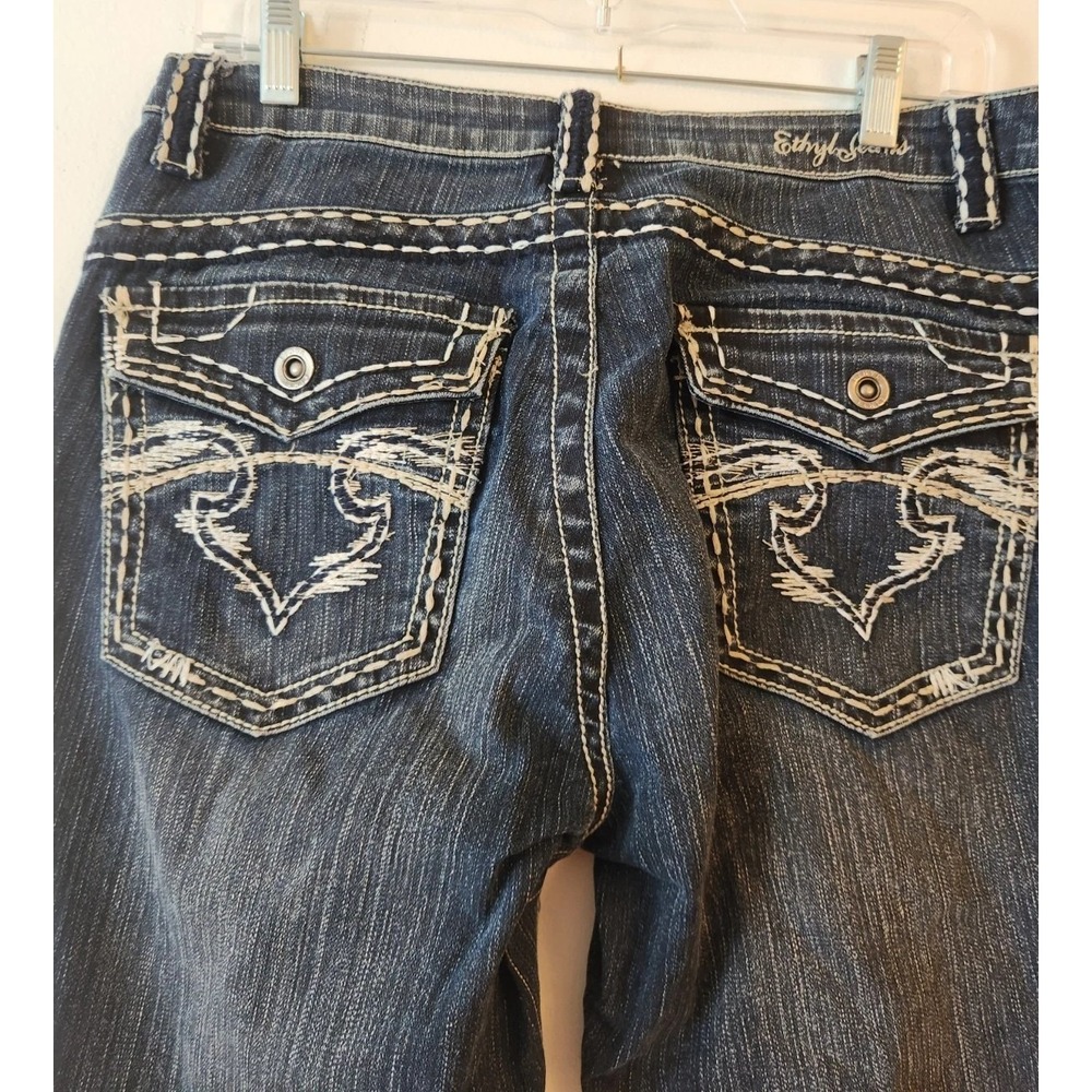 Ethyl Jeans Denim Flared Mid Rise Stretchy Dark Blue 8 Thick Stitch Embellished